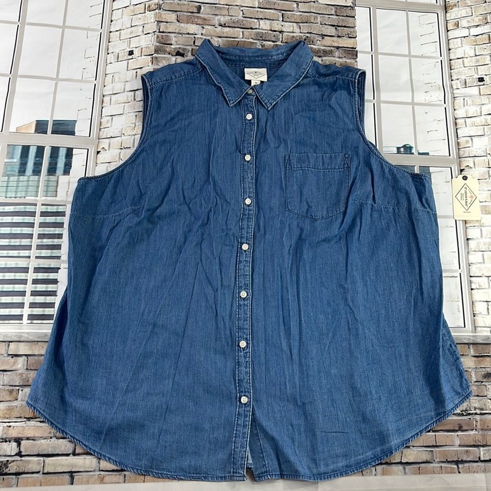 NWT Women’s St John’s Bay Blue 1Pocket Sleeveless Button Up Denim Shirt (3X)GD16